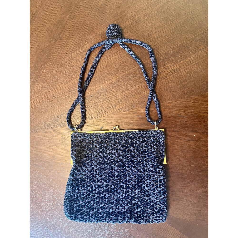 Vntage Navy Woven Cord Mesh Evening Purse Gold Tone Kiss Lock Long Strap Handbag